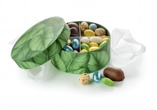 Rund Hatteæske Green big leaf, Familieæske, 400 g.