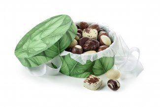 Rund Hatteæske Green big leaf, Luksus chokolade & Luksusæg 500 g.