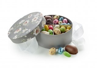 Rund Hatteæske Brun/Hvid Blomster, Familieæske, 400 g.