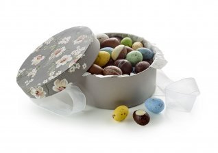 Rund Hatteæske Brun/Hvid Blomster, Påskeæg, 500 g.