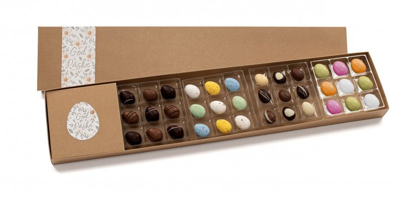 Påskeæsker Natur, 9 stk Marcipanæg+9 stk Fugleæg+9 stk Luksusæg+9 stk Marcipanæg m. sukkerskal 415 g