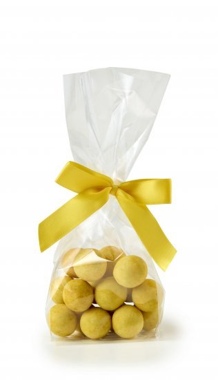 Cellofanpose m/gulsilkesløjfe, Lakridskugler m/chokolade & Passion, 90 g.