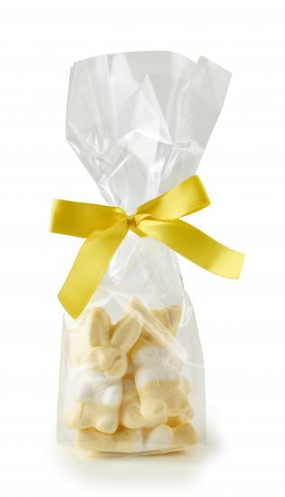 Cellofanpose m/gulsilkesløjfe, Skumharer, 50 g.