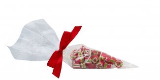 Jordbær rox i spidspose m/rød silkesløjfe, 100 g.