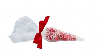 Hjerte rox i spidspose m/rød silkesløjfe, 100 g.