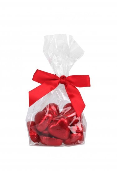 Cellofanposer m/ rød sløjfe, Røde hjerter, 100 g.