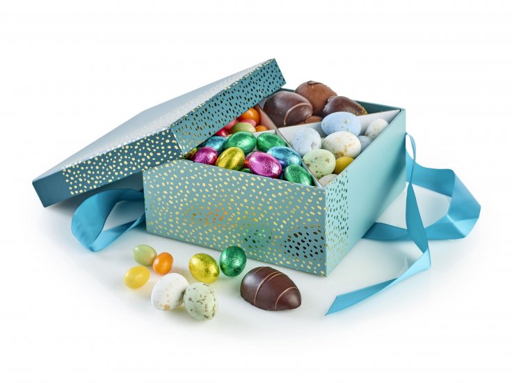 Firkantet hatteæske, Lyseblå m/ guld prikker, Stor - 900 gr. Familieæske