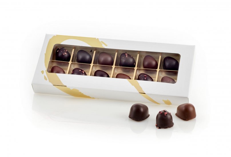 Kartonæske Guld Silverheart, 12 stk. Danske Marcipanæg, 120 g.