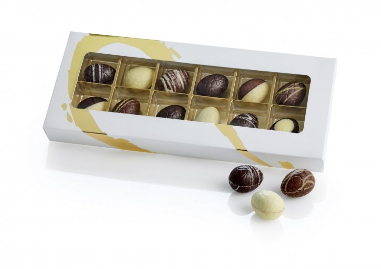 Kartonæske Guld Silverheart, 12 stk. Luksusæg, 110 g.