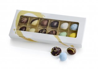 Kartonæske Guld Silverheart, 12 stk Luksusæg, Marcipanæg & Belgiske fugleæg, 120 g.