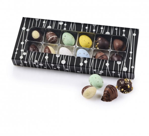 Rudeæske Sort m. sølv prik - 12 stk Marcipanæg, Luksusæg & Belgiske fugle 120 g.