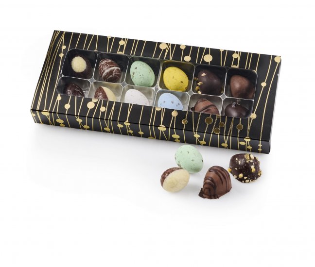 Sort rudeæske m. Guld prik - 12 stk Marcipanæg, Luksusæg & Belgiske Fugleæg 120 g.