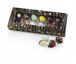 Sort rudeæske m. Guld prik, 12 stk Marcipanæg, Luksusæg & Belgiske Fugleæg 120 g.