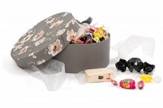 Rund Hatteæske Brun/Hvid Blomster, Sommermix, 300 g.