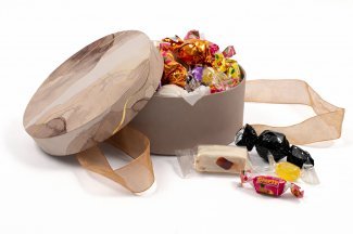 Rund Hatteæske Brun Marmor, Sommermix, 300 g.