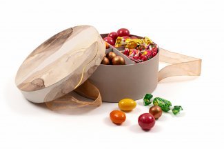 Rund Hatteæske Brun Marmor, Familieæske, 400 g.