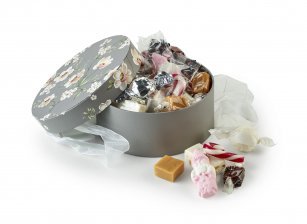 Rund Hatteæske Brun/Hvid Blomst, Julemix 300 g.