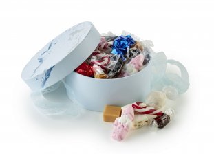 Rund Hatteæske Lyseblå Marmor, Julemix 300 g.