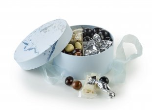 Rund Hatteæske Lyseblå Marmor, Familieæske 400 g.