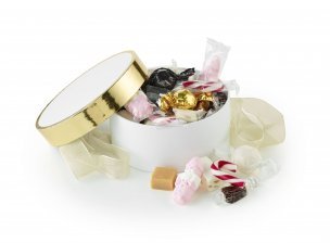 Rund Hatteæske Hvid m. Guld kant, Julemix 300 g.