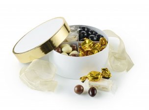 Rund Hatteæske, Hvid m. Guld kant, Familieæske 400 g.