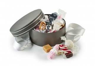 Rund Hatteæske Grå m. Sølv kant, Julemix 300 g.