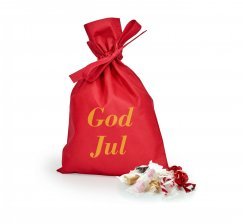 Rød stofpose m/tryk God Jul, Julemix, 1000 g.