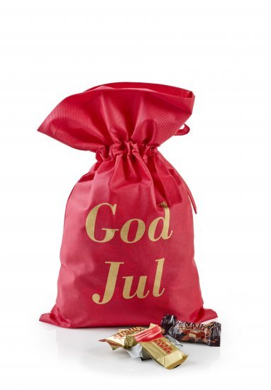 Rød stofpose m/tryk God Jul, Toms Mini Favoritter, 1000 g.