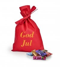 Rød stofpose m/tryk God Jul, Anthon Berg Mix, 1000 g.