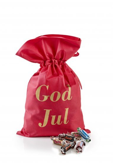 Rød stofpose m/tryk God Jul, Mars Miniaturemix, 1000 g.