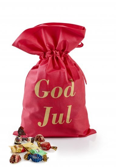 Rød stofpose m/tryk God Jul, Toms Festival Mix, 1750 g.