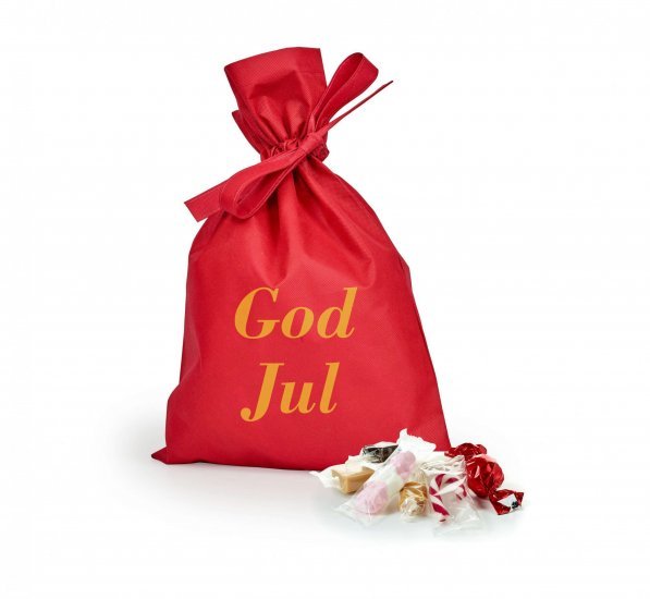 Rød stofpose m/tryk God Jul, Julemix, 1750 g.