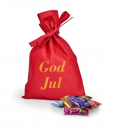 Rød stofpose m/tryk God Jul, Anthon Berg Mix, 1500 g.