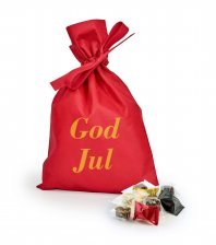 Rød stofpose m/tryk Glædelig Jul, Indpakket Dansk Luksusblanding, 1100 g.