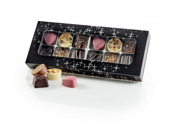 Sort m. sølv stjerner rudeæske, 12 stk. Luksus chokolade, 120 g.
