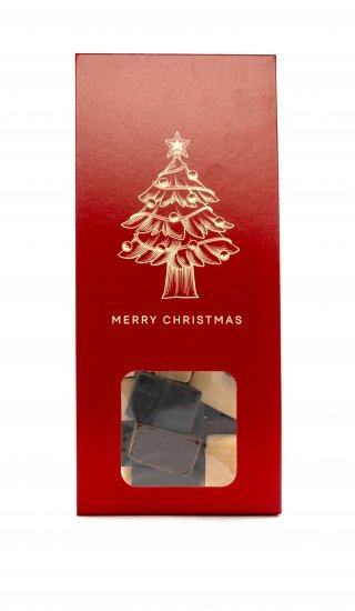 Rød hanger m. Juletræ, Mixede Fudge, 70 g.