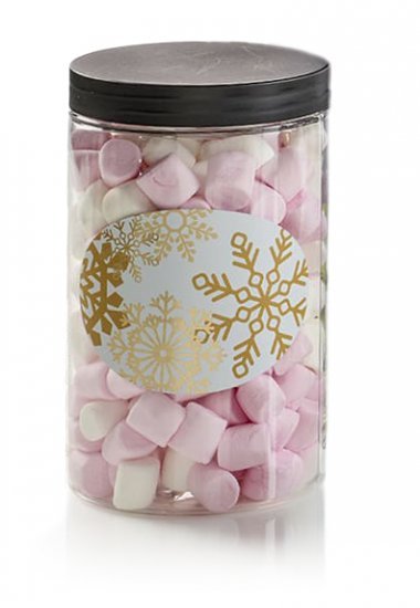 Dåse - 90 gr. Mini Marshmallow m/ guld snefnug label