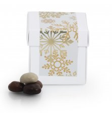 Hvid Surprise-box m/ julelabel, Pebernødder m/chokoladeovertræk, 70 g.