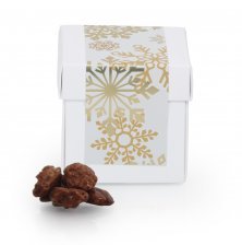 Hvid Surprise-box m/ julelabel, Brændte mandler, 70 g.